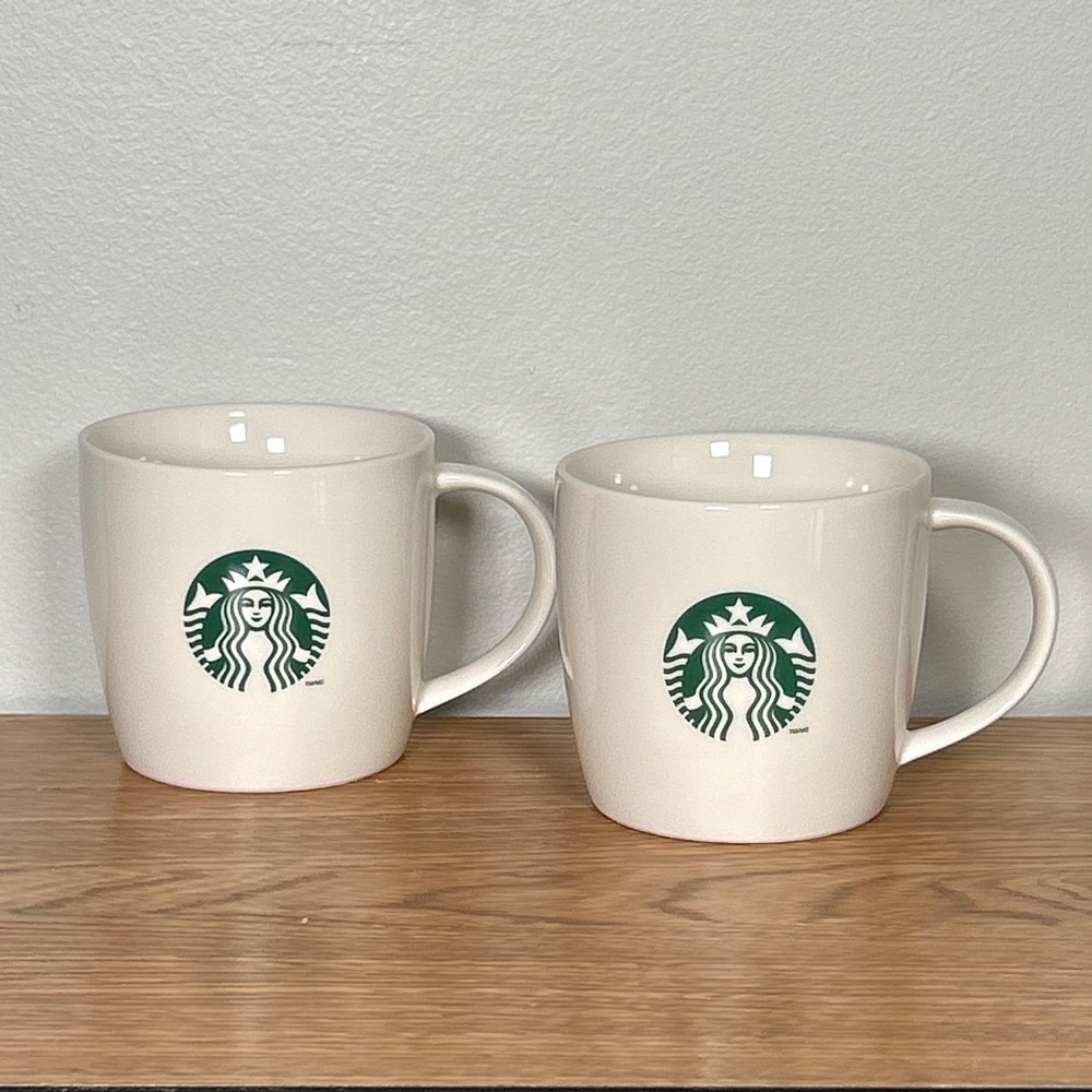Starbucks Siren Logo Ceramic Coffee Mug Set 12oz White Green 2013 TWO